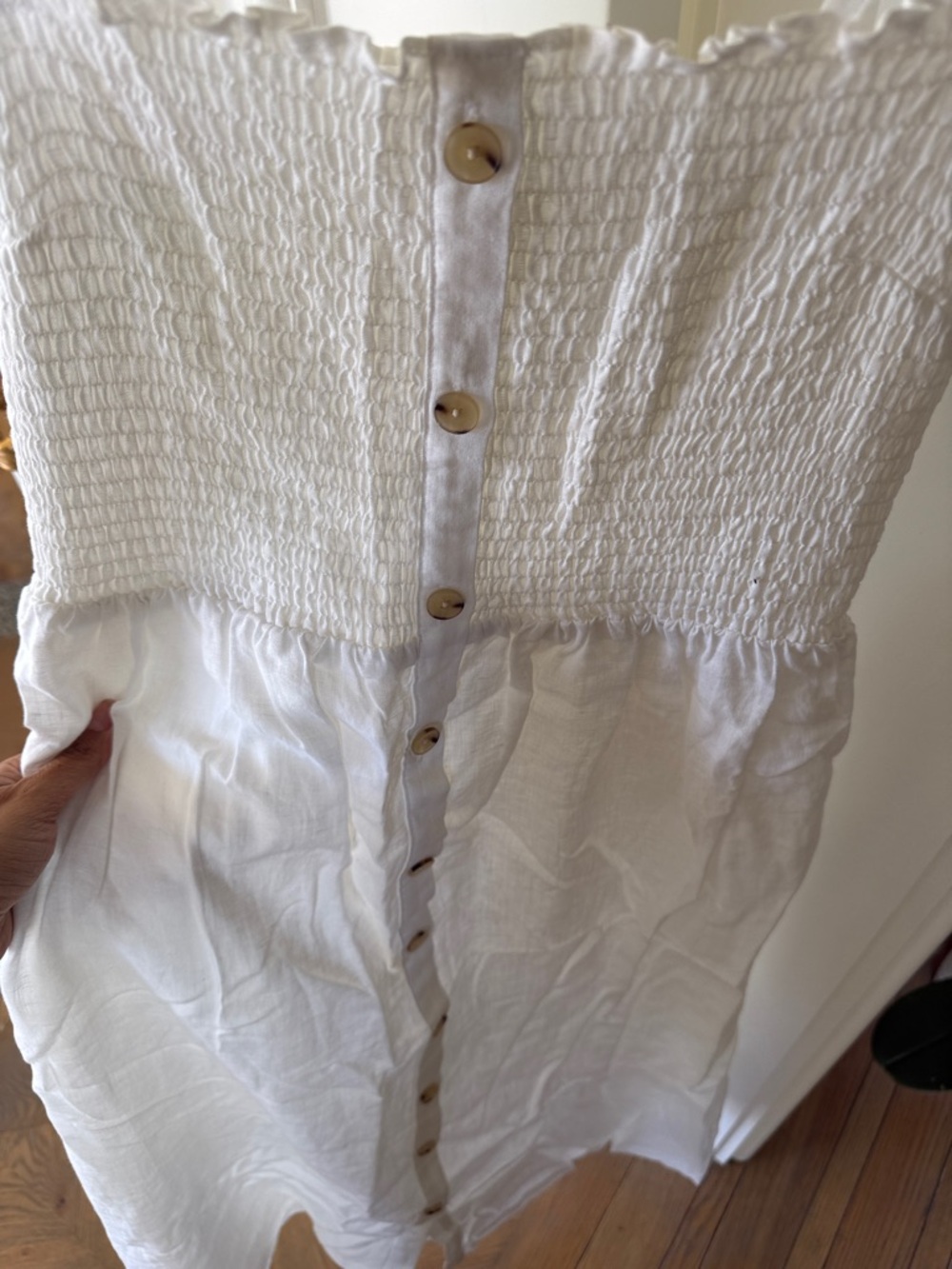 GAP White Button-Front Linen Midi Dress with Smocked Bodice - Picture 7 of 8